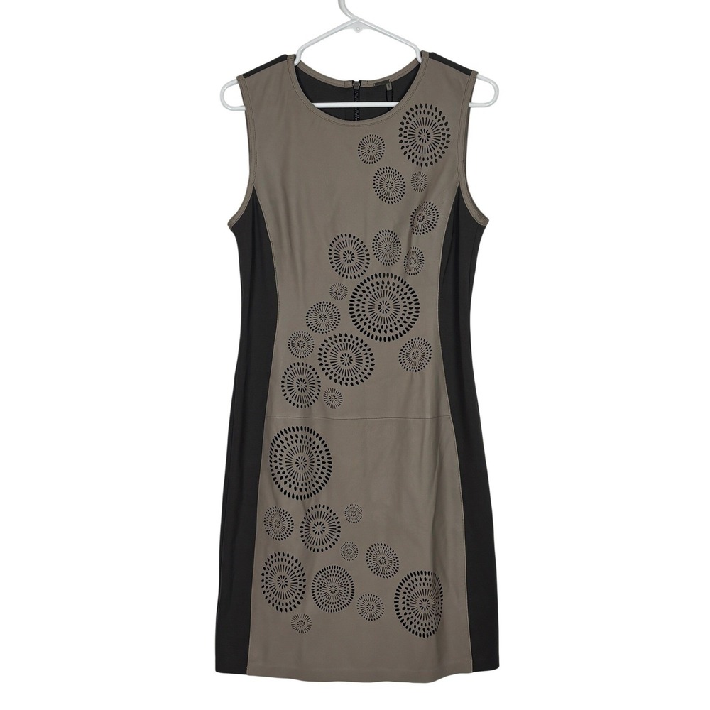 Elie Tahari Leather Sheath Dress Laser Cut Mixed Media Edgy Modern size 8